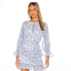 Tularosa Serafina Floral White Blue Long Sleeve Romantic Mini Dress Size L
